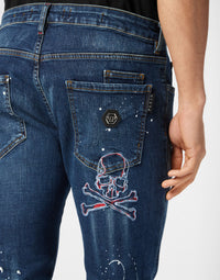 Philipp Plein｜Denim Super Straight Cut Trousers Skull&Bones 男款牛仔褲