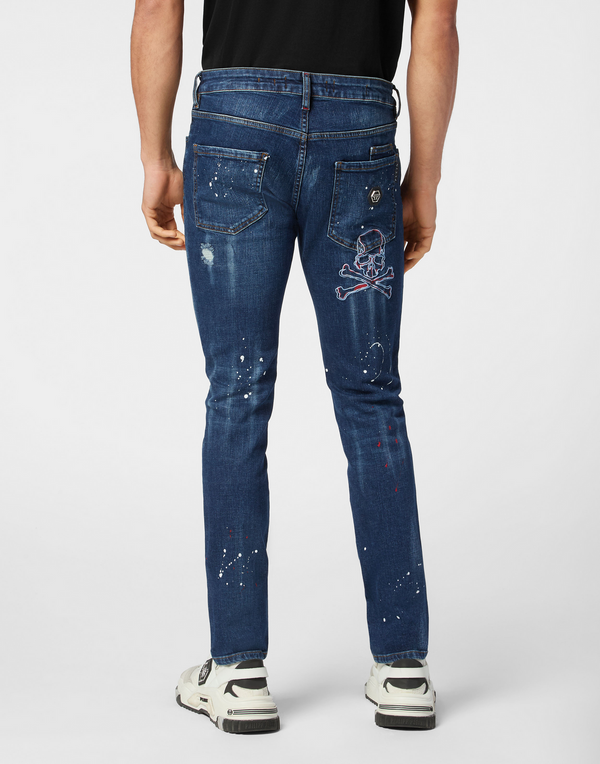 Philipp Plein｜Denim Super Straight Cut Trousers Skull&Bones 男款牛仔褲