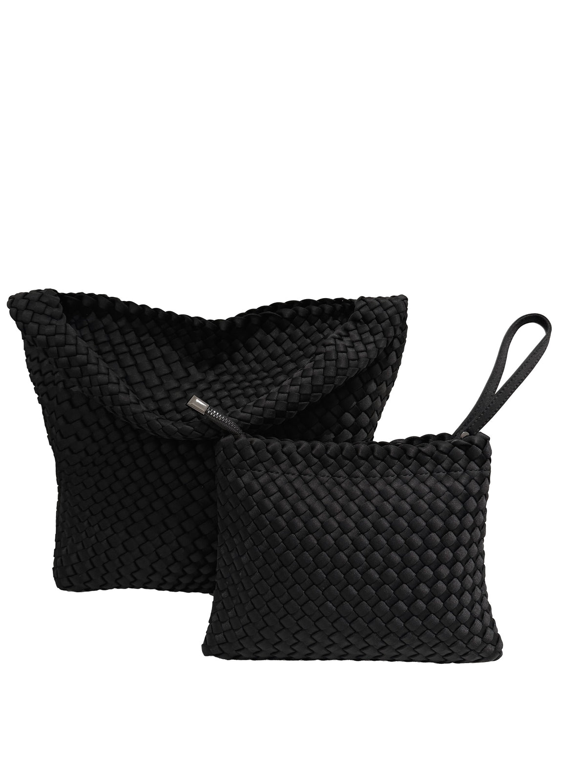 黑色 Neoprene 編織肩背包與同材質編織收納小包，小包附拉鍊與手腕帶