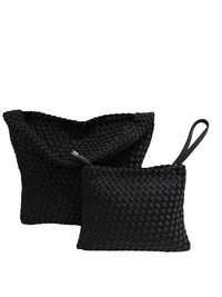 黑色 Neoprene 編織肩背包與同材質編織收納小包，小包附拉鍊與手腕帶