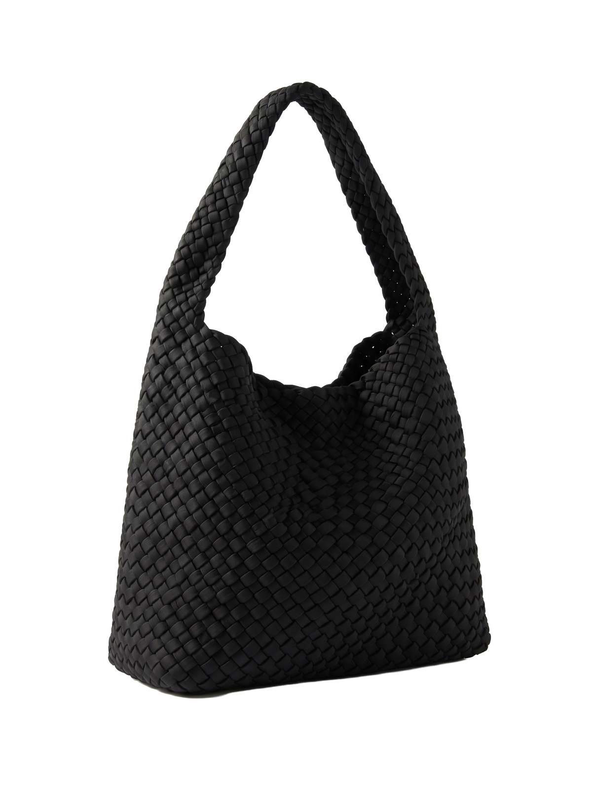 黑色 Neoprene 編織肩背包斜側面，可見包身厚度與編織紋理