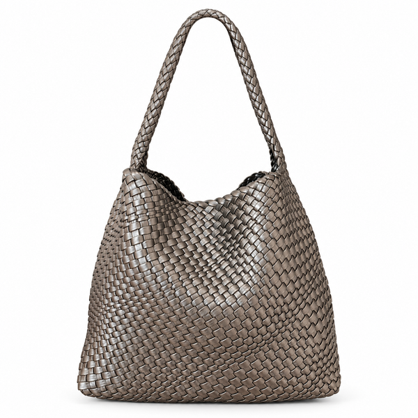 WEAVE 織語 古銀色霧面 Vegan Leather 編織托特包正面，霧面 Vegan Leather 立體編織與編織肩帶