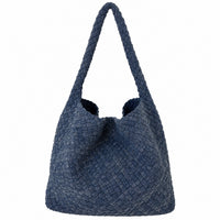 WEAVE 織語 深藍 Denim 編織托特包正面，Denim 布料編織出自然水洗層次