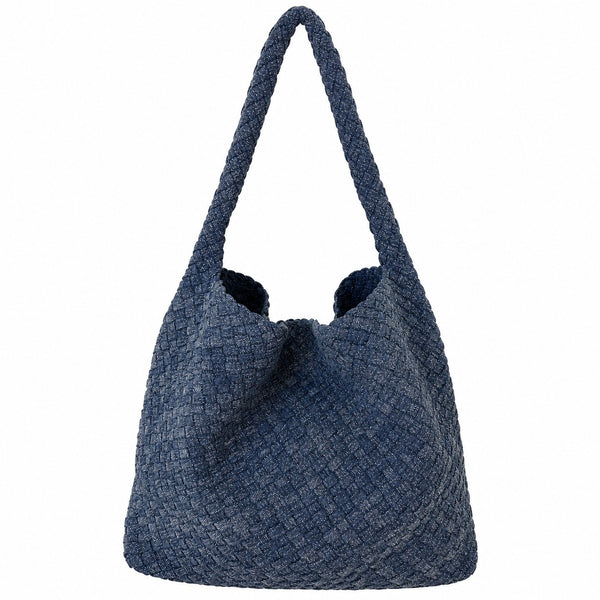 WEAVE 織語 深藍 Denim 編織托特包正面，Denim 布料編織出自然水洗層次