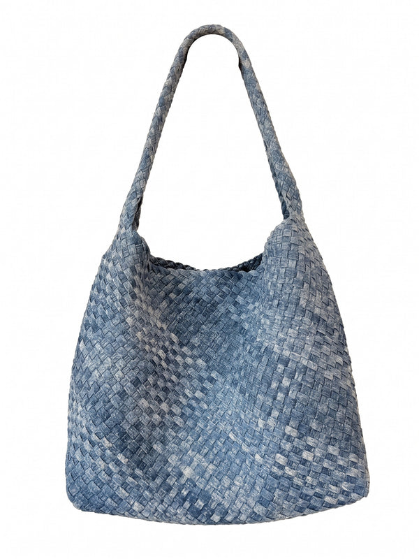WEAVE 織語 雪花 Denim 編織托特包正面，Denim 布料編織出自然水洗層次