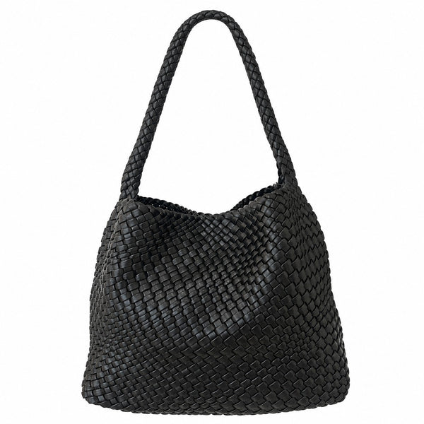 WEAVE 織語 黑色霧面 Vegan Leather 編織托特包正面，霧面 Vegan Leather 立體編織與編織肩帶