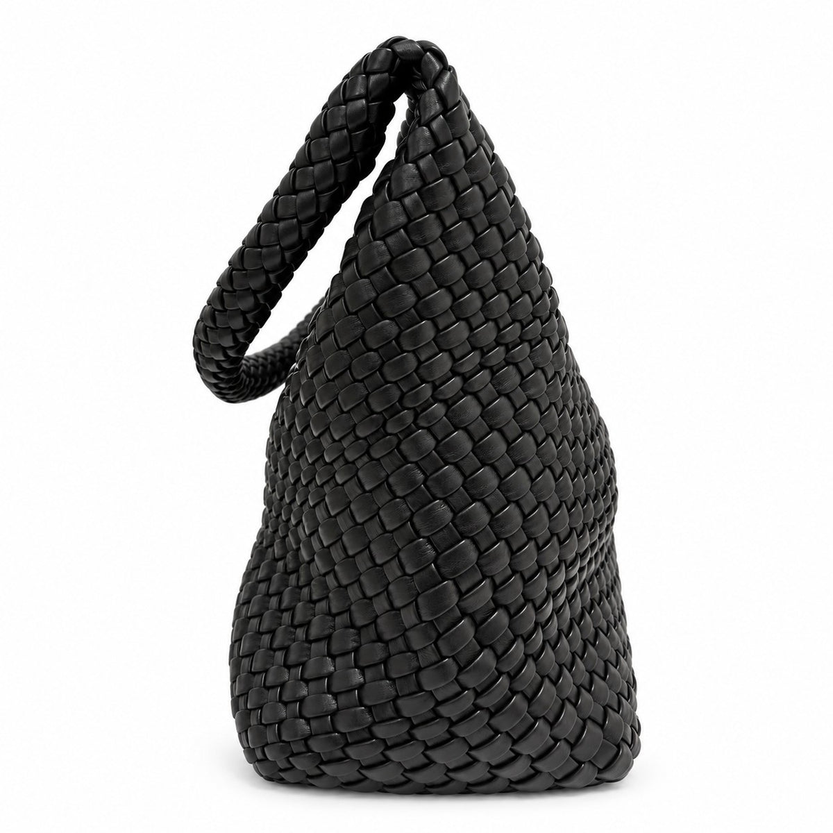黑色霧面 Vegan Leather 編織托特包側面，側寬約16公分