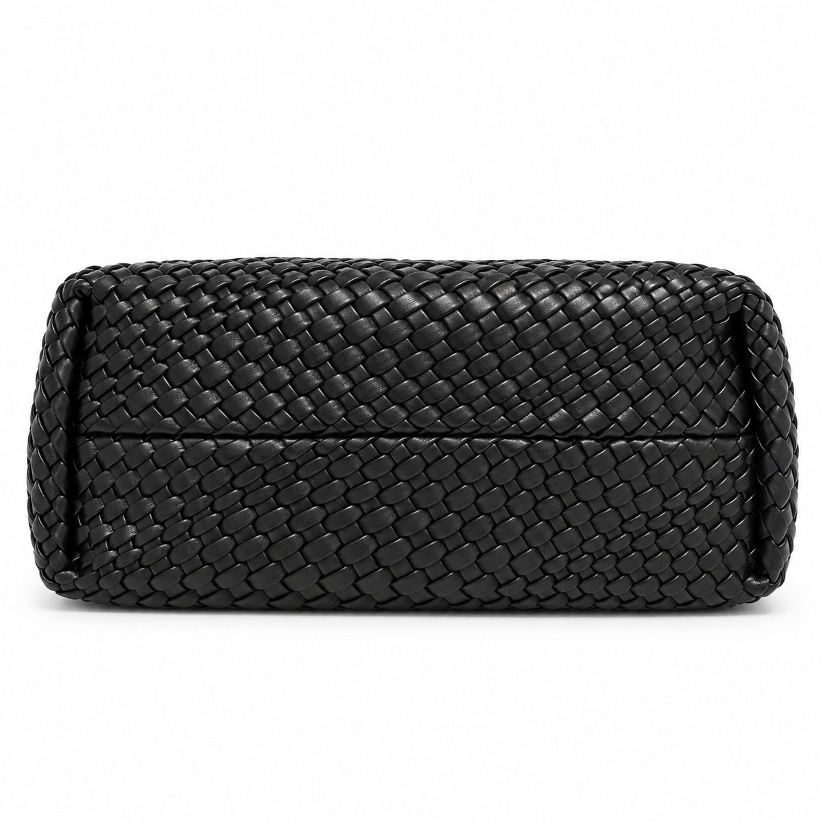 黑色霧面 Vegan Leather 編織托特包底部，平底編織結構