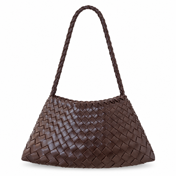 WEAVE 織語 咖啡色光面 Vegan Leather 編織肩背包正面，弧形包身與細編織肩帶