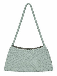 WEAVE 織語 薄荷綠光面 Vegan Leather 編織肩背包正面，弧形包身與細編織肩帶