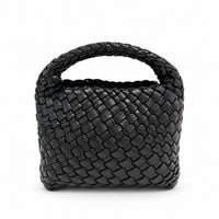 WEAVE 織語 黑色 Vegan Leather 編織迷你手提包正面，方正包身與編織短提把
