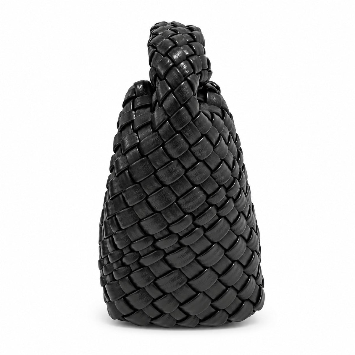 黑色 Vegan Leather 編織迷你手提包側面，側寬約11公分
