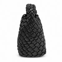 黑色 Vegan Leather 編織迷你手提包側面，側寬約11公分