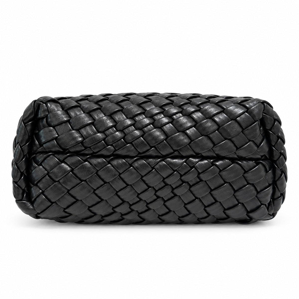 黑色 Vegan Leather 編織迷你手提包底部，平底編織結構