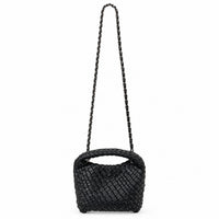 黑色 Vegan Leather 編織迷你手提包搭配皮革穿鏈背帶，可肩揹或斜揹