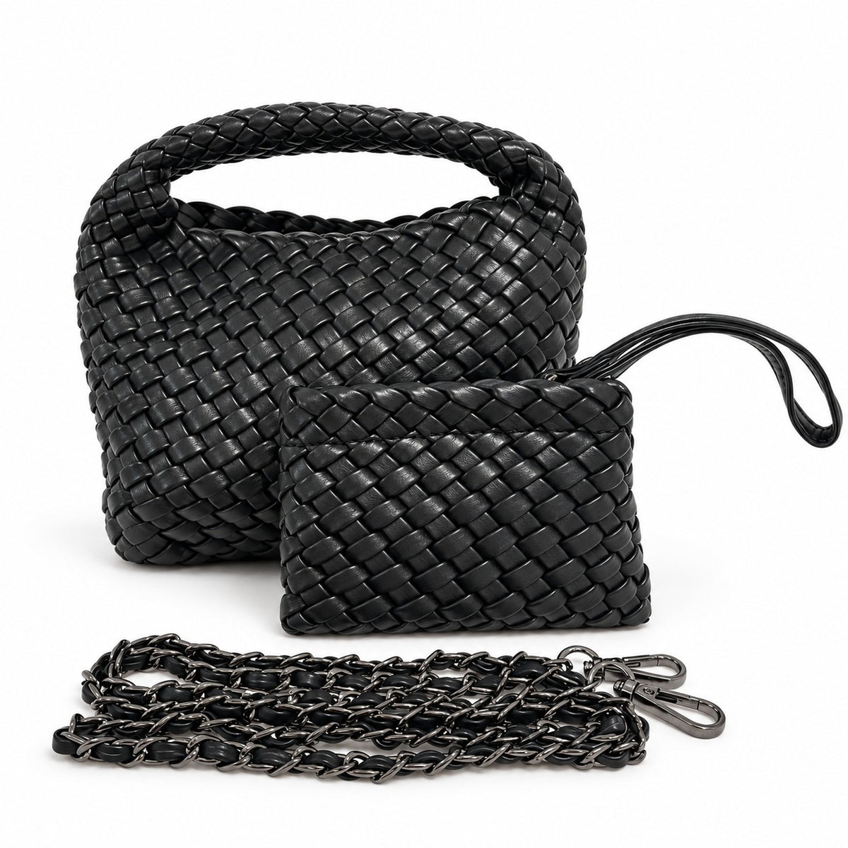 黑色 Vegan Leather 編織迷你手提包套組：主包、附手腕帶的編織拉鍊小包與皮革穿鏈背帶
