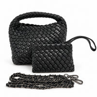 黑色 Vegan Leather 編織迷你手提包套組：主包、附手腕帶的編織拉鍊小包與皮革穿鏈背帶