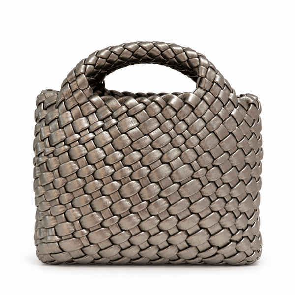 WEAVE 織語 古銀色 Vegan Leather 編織迷你雙提包正面，方正包身與前後雙編織提把
