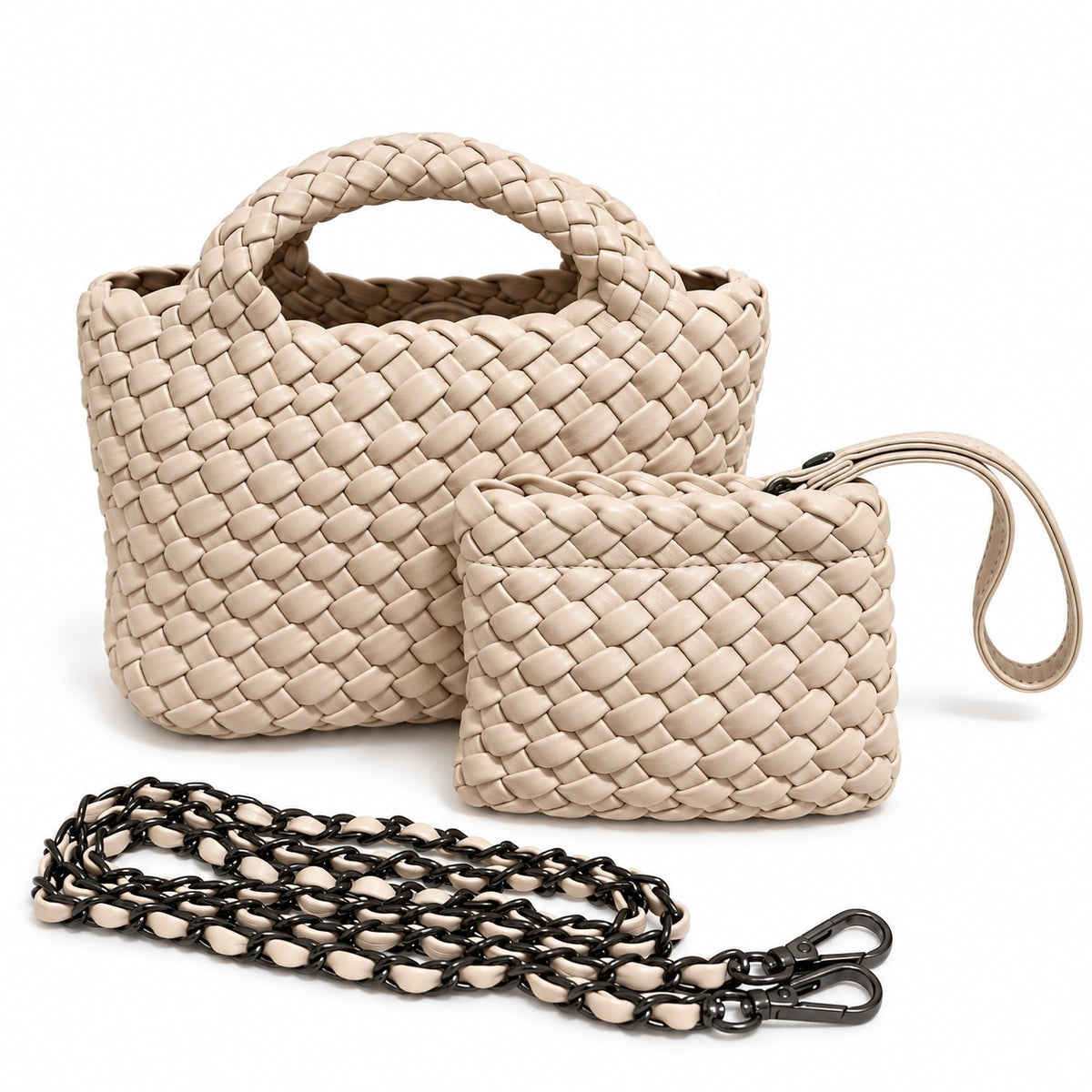 米白色 Vegan Leather 編織迷你雙提包套組：主包、附手腕帶的編織拉鍊小包與皮革穿鏈背帶