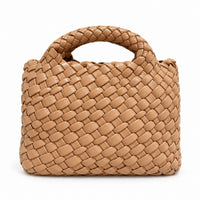 WEAVE 織語 卡其色 Vegan Leather 編織迷你雙提包正面，方正包身與前後雙編織提把