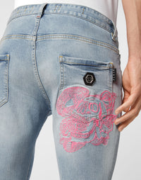 Philipp Plein｜Embroidered Denim Trousers Skinny Fit Skull Ice Cube 男款牛仔褲