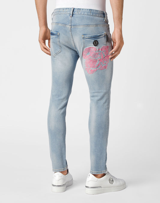 Embroidered Denim Trousers Skinny Fit Skull Ice Cube