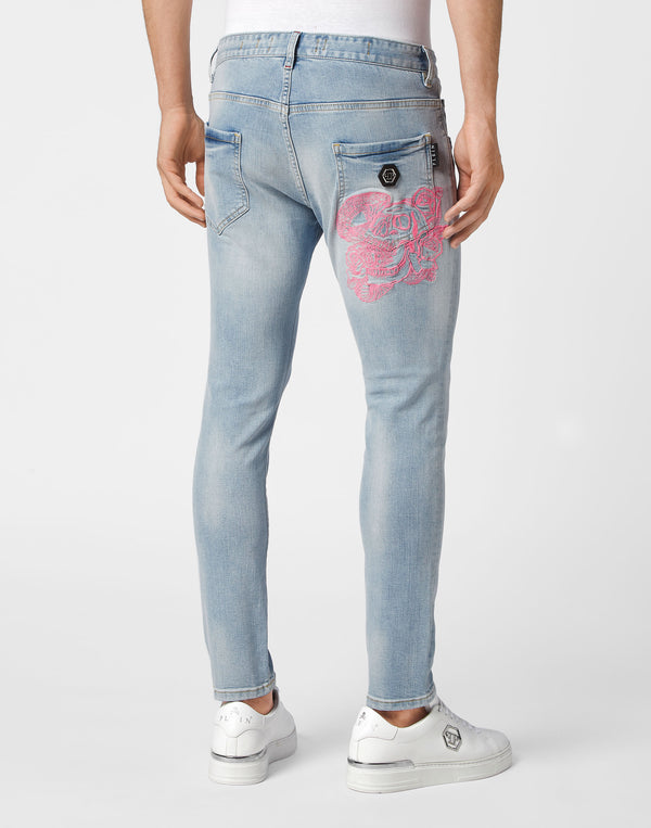 Philipp Plein｜Embroidered Denim Trousers Skinny Fit Skull Ice Cube 男款牛仔褲