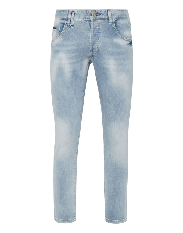 PHILIPP PLEIN Embroidered Denim Trousers Skinny Fit Skull Ice Cube