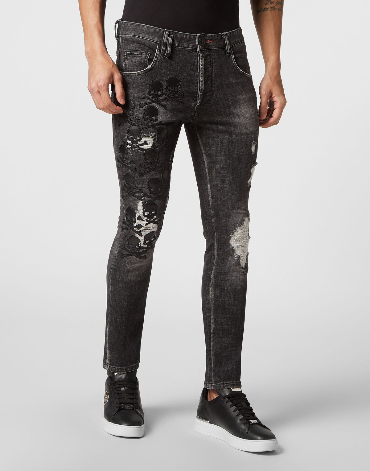 Philipp Plein｜Denim Trousers Skinny Fit Skull&Bones Full Metal 男款牛仔褲