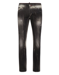 PHILIPP PLEIN Denim Trousers Super Straight Cut Fit Skull&Bones Amangiri Grey