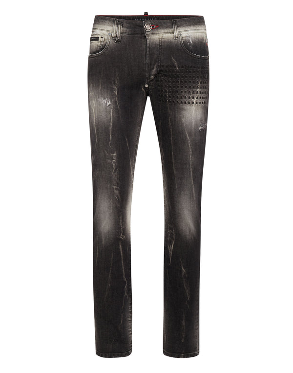 PHILIPP PLEIN Denim Trousers Super Straight Cut Fit Skull&Bones Amangiri Grey