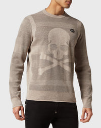 Philipp Plein｜Wool/Silk Pullover Round Neck LS Skull&Bones brown / beige 男款針織衫