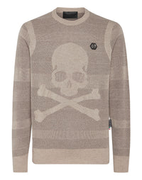 PHILIPP PLEIN Wool/Silk Pullover Round Neck LS Skull&Bones brown / beige