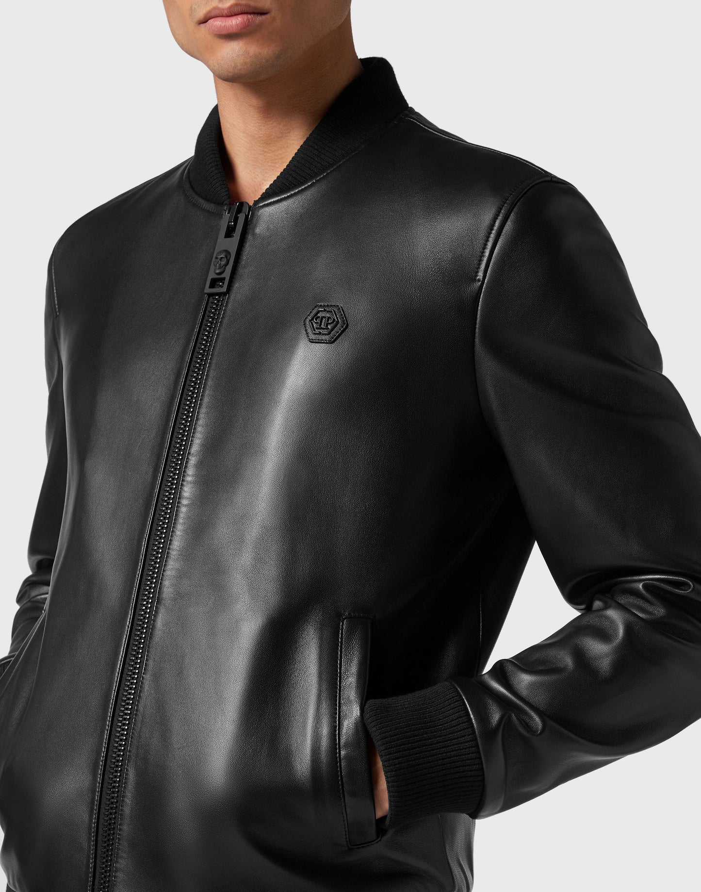 Leather Bomber with Crystals Skull&Bones black