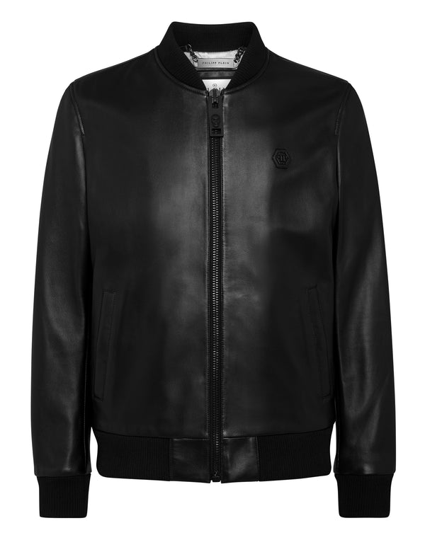 PHILIPP PLEIN Leather Bomber with Crystals Skull&Bones black