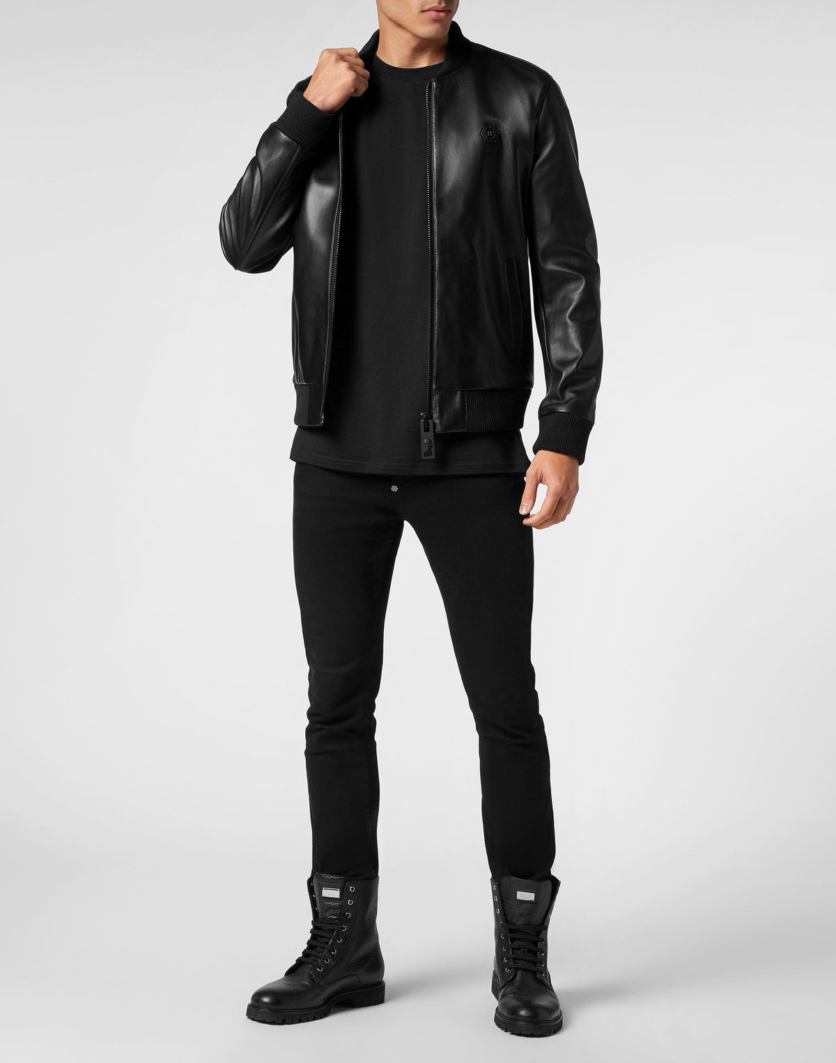 Leather Bomber with Crystals Skull&amp;Bones black