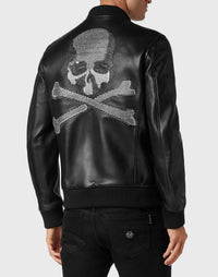 Leather Bomber with Crystals Skull&amp;Bones black