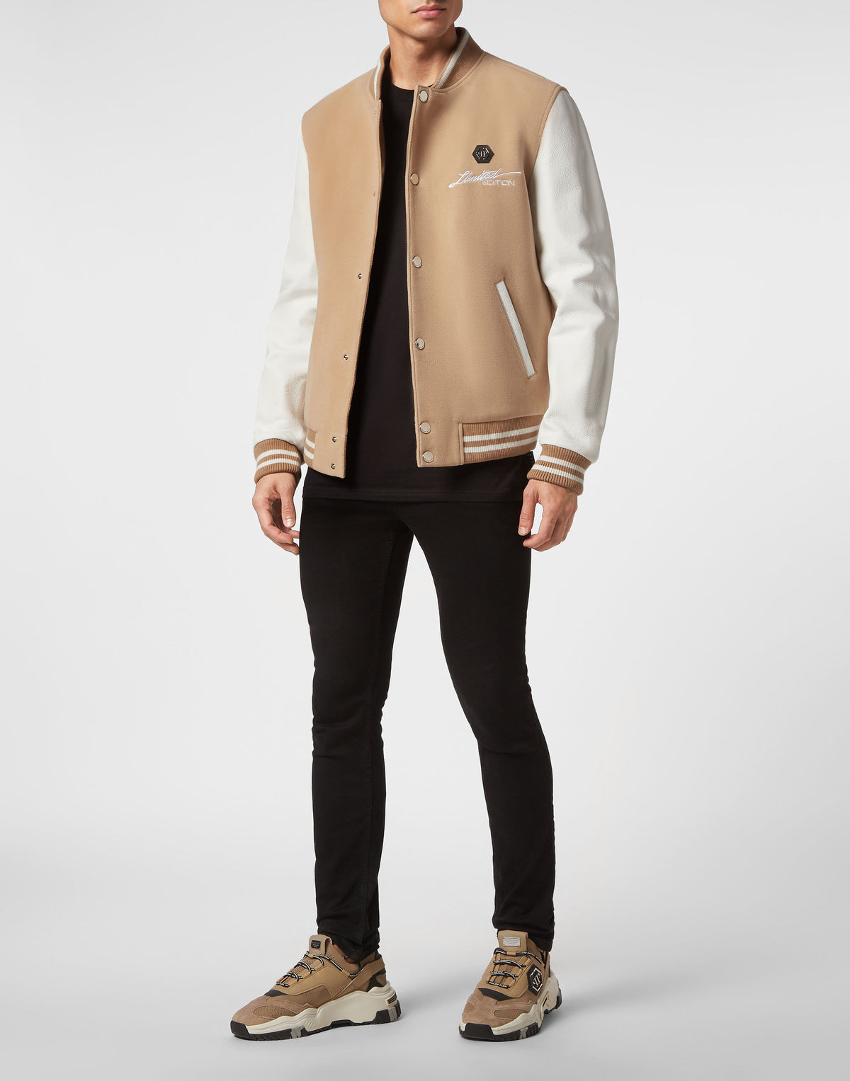 Wool and Leather Bomber Skull&amp;Bones beige / white