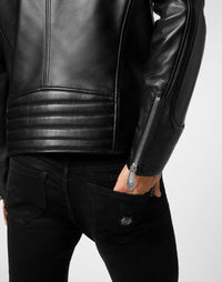 Philipp Plein｜Padded Leather Biker Jacket black 男款騎士外套