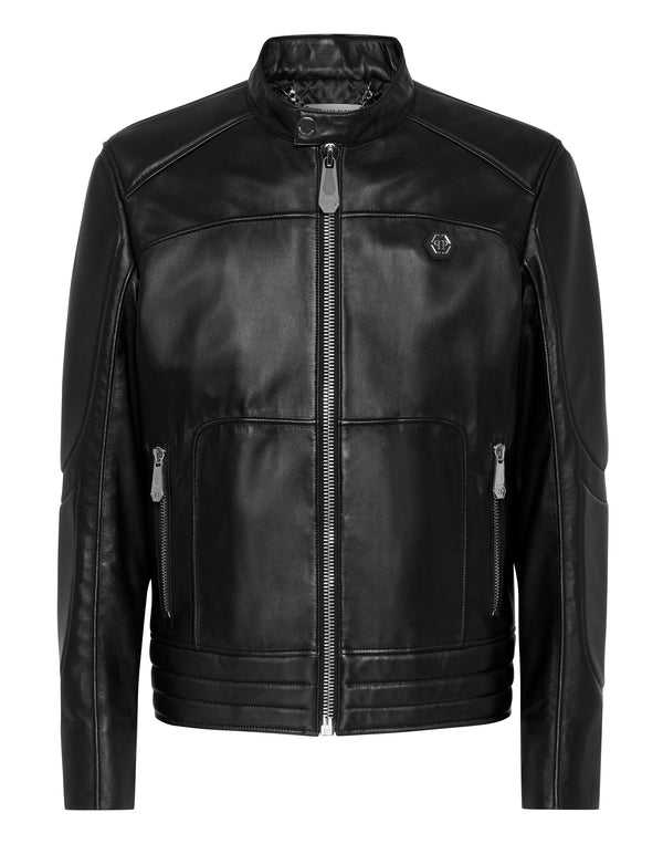 PHILIPP PLEIN Padded Leather Biker Jacket black