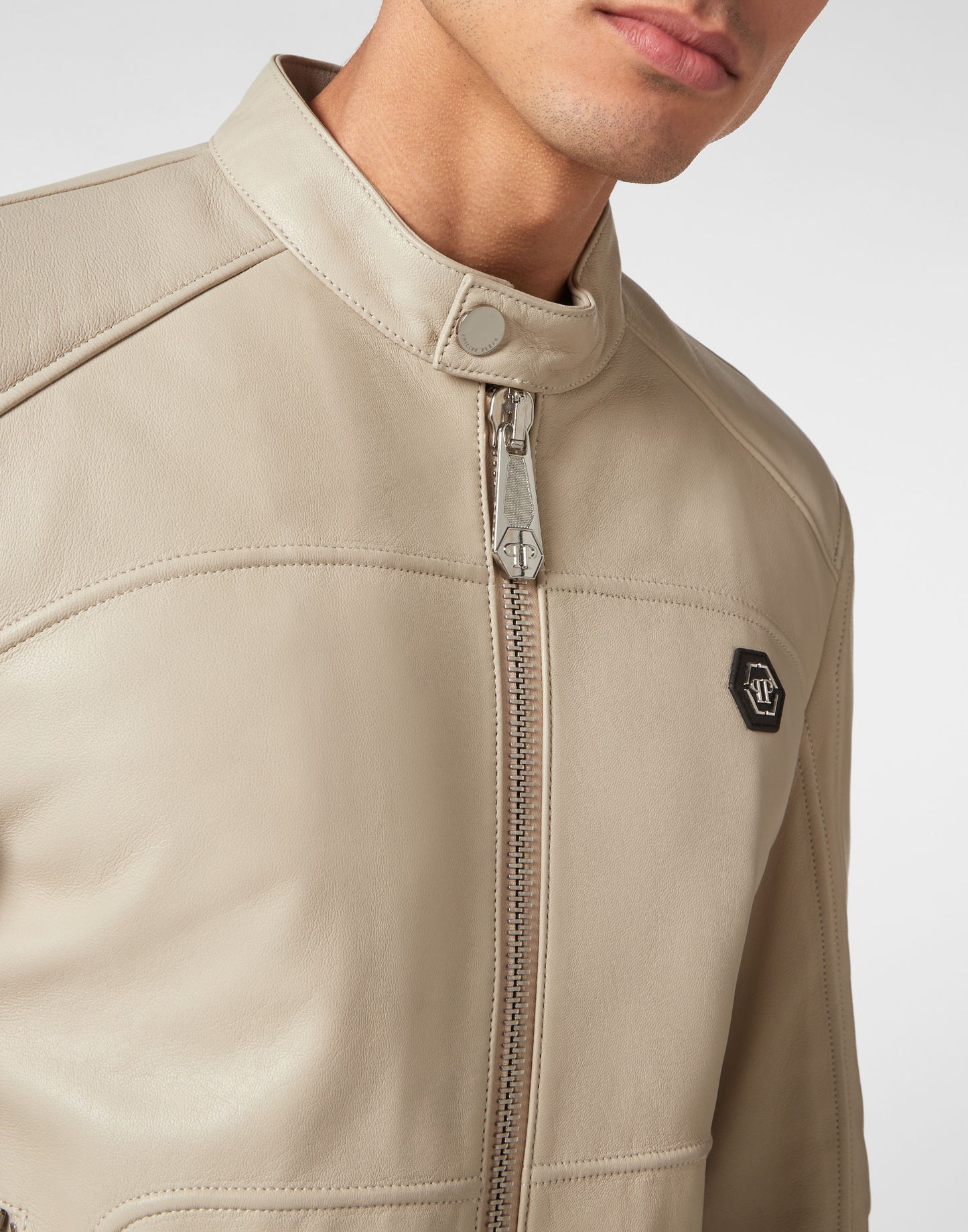 Padded Leather Biker Jacket beige