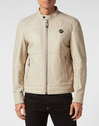 Philipp Plein｜Padded Leather Biker Jacket beige 男款騎士外套