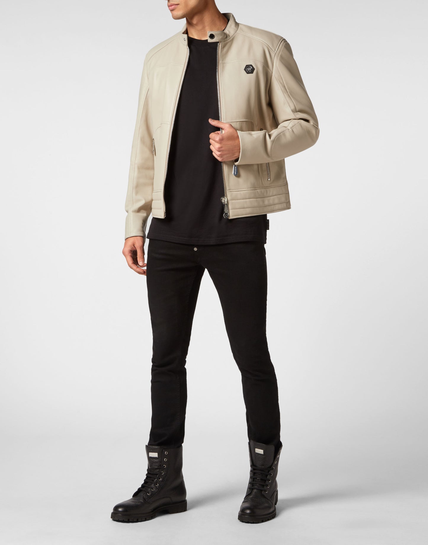 Padded Leather Biker Jacket beige