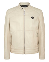 PHILIPP PLEIN Padded Leather Biker Jacket beige