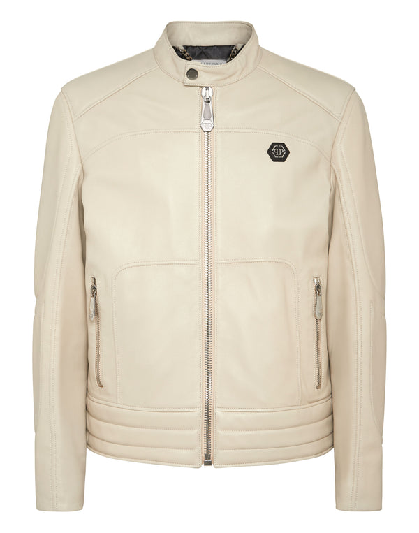 PHILIPP PLEIN Padded Leather Biker Jacket beige