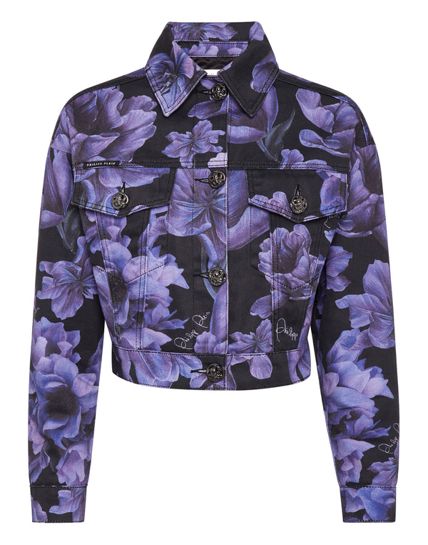 PHILIPP PLEIN Cropped Denim Jacket Paisley Flowers black