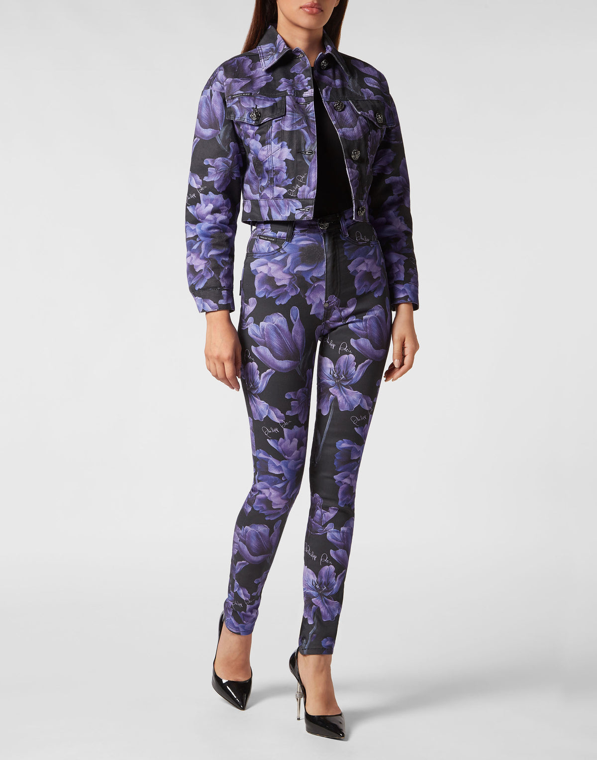 Philipp Plein｜Cropped Denim Jacket Paisley Flowers black 女款牛仔外套