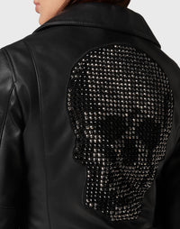 Philipp Plein｜Leather Boxy Biker Jacket with Crystals black 女款騎士外套