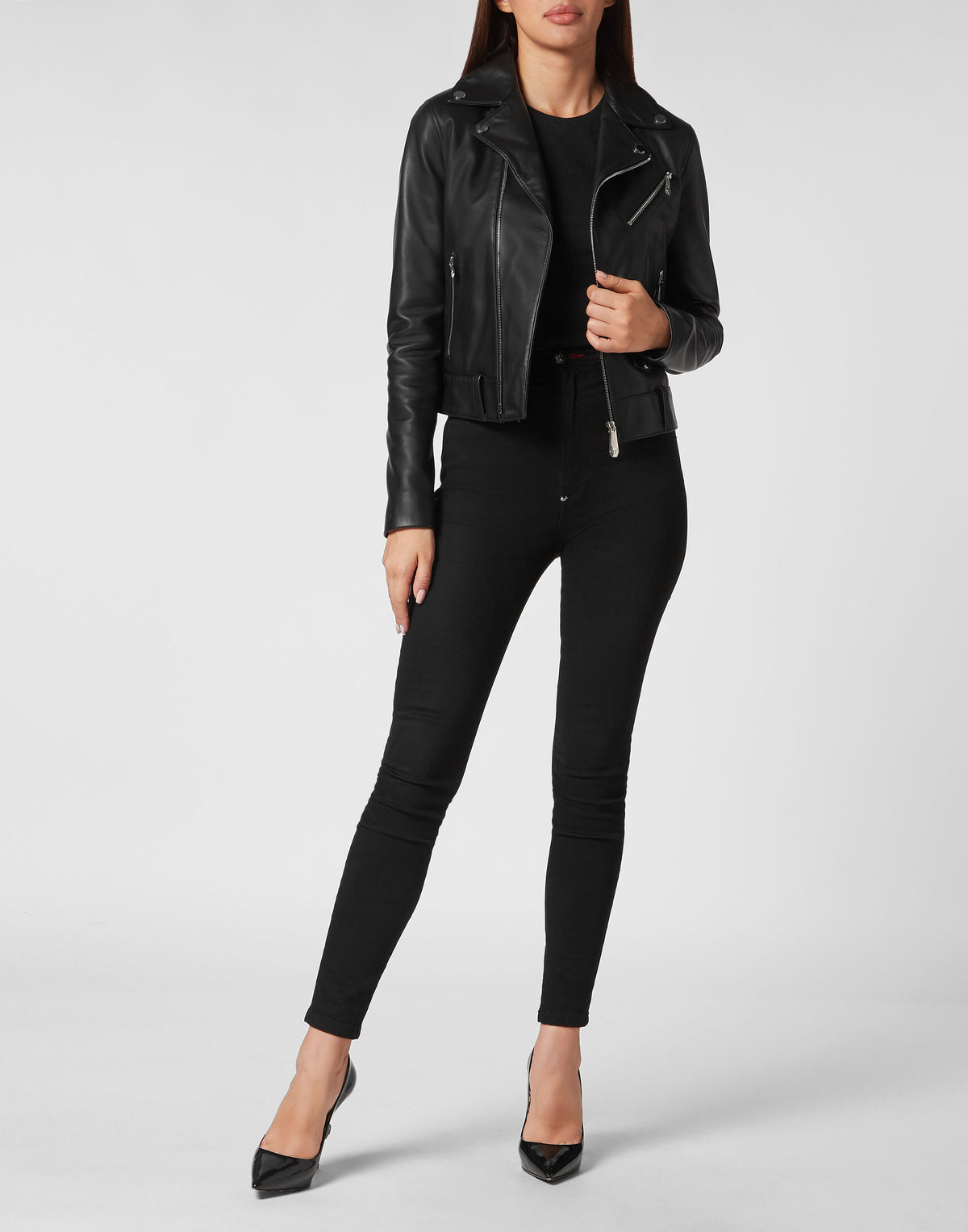 Philipp Plein｜Leather Boxy Biker Jacket with Crystals black 女款騎士外套