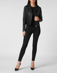 Philipp Plein｜Leather Boxy Biker Jacket with Crystals black 女款騎士外套